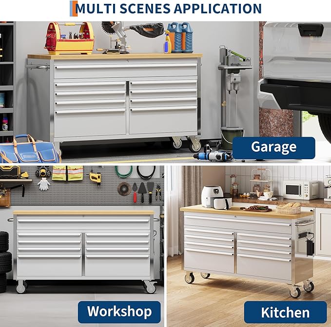 Tool Chest, 61 Inch Tool Box Mobile 9 Drawers Storage Rolling Cabinet with Wheels Lock Key Locking System Drawer Liners for Garage Warehouse Repair Shop, Sliver