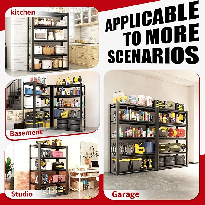 Storage Shelves, 5-Tier Garage Shelving, Adjustable Heavy Duty Shelving Units, Metal Industrial Utility Organizer Storage Racks for Basement,Kitchen,Warehouse,Pantry,12" D×27.5" W×60" H