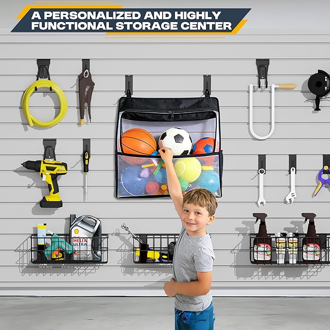 35Pcs Slatwall Accessories Kit, with Slatwall Hooks, Baskets, Shelves, Bins, Heavy Duty Slat Wall Accessory for Garage Organization, Workshop & Utility Room
