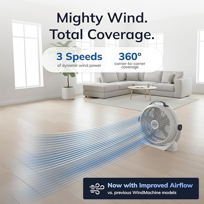 Lasko WINDMACHINE 20" High Velocity Floor Fan with 3 Speeds, 360° Directional Airflow, Portable Air Circulator Fan for Home, Garage & Workshop, Fully Assembled, Gray, 3301