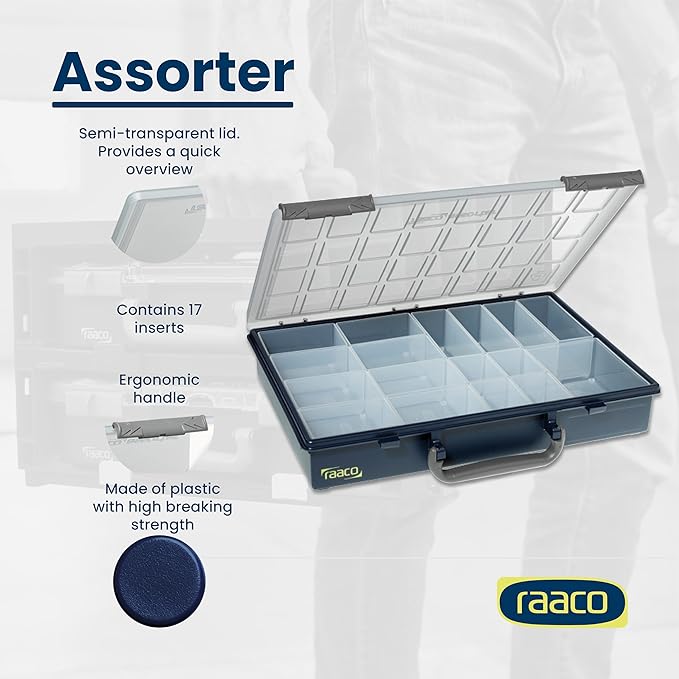 Raaco Assorter Tool Box Organizer – Full-Size – 17 Slots Adjustable Grid, Semi-Transparent Lid, Polypropylene (PP) Storage Box for Screws, Nuts and Bolts, Small Parts & Hardware (Assorter 55 4x8-17)