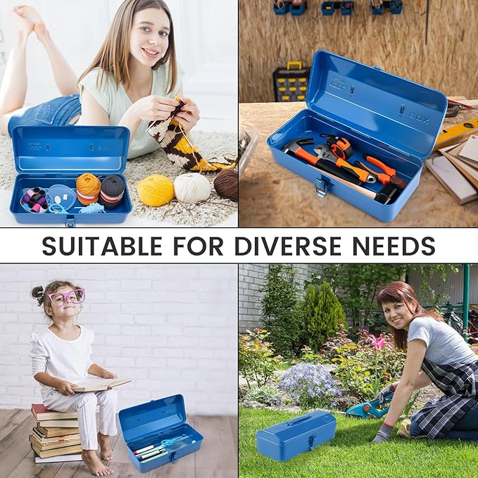 Large Metal Tool Storage Box with Handle for Workshop,15 inches Portable Tool Case with Lid，Locking Organiser Box for Hardware Part(blue)