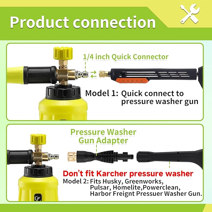 Foam Cannon, Wide Neck Snow Foam Lance with Replacement Adapter for Portland Husky and Ryobi Pressure Washer, Heavy Duty Power Washer Foam Blaster with 1/4 Inch Quick Connector, 5 Nozzle Tips
