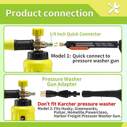 Foam Cannon, Wide Neck Snow Foam Lance with Replacement Adapter for Portland Husky and Ryobi Pressure Washer, Heavy Duty Power Washer Foam Blaster with 1/4 Inch Quick Connector, 5 Nozzle Tips