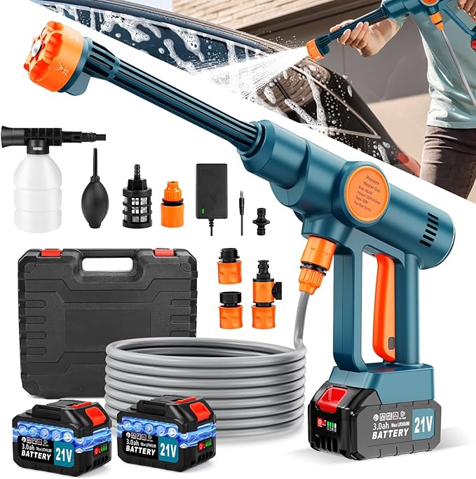 Portable Cordless Pressure Washer, Battery Powered Power Washer Car Wash Gun with 6-in-1 Nozzle & Foam Cannon, Handheld High Pressure Cleaner for Car, Driveway, Patio, Garden, RV