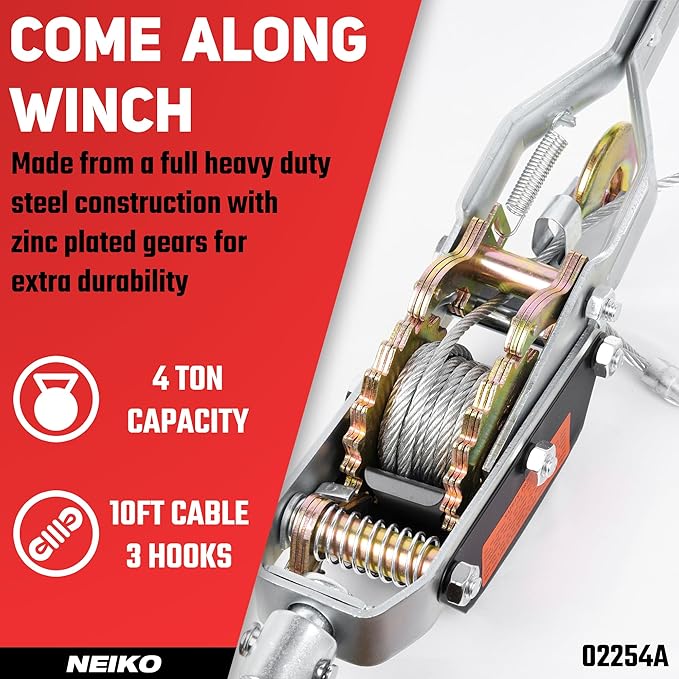 NEIKO 02254A Come Along Winch, 4-Ton (8,000lbs) Pulling Capacity, 9.8Ft, 3 Hook, Heavy Duty Power Cable Come Along Tool with Dual Gears, Hand Winch Cable, Automotive Hoist Winch Puller, Recovery Gear