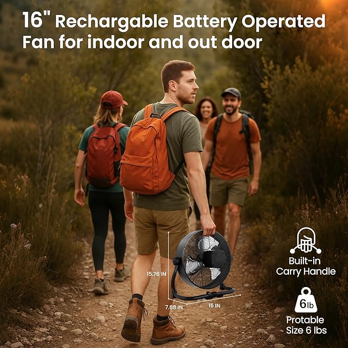 15" Rechargable Battery Operated Fan for Camping,12 Speeds Cordless Floor Fan，Rechargeable Portable Fan for Travel Indoor Outdoor, 12000mAh, 360°Manual Tilt