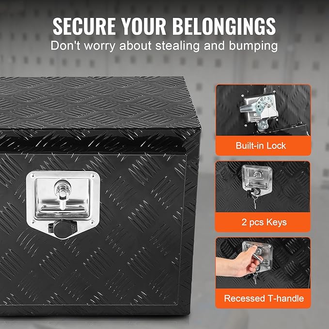VEVOR Underbody Truck Box, 24" x 14" x 16" Pickup Storage Box, Heavy Duty Aluminum Diamond Plate Tool Box with Lock and Keys, Waterproof Trailer Storage Box with T-Handle Latch for Truck, Van, Trailer