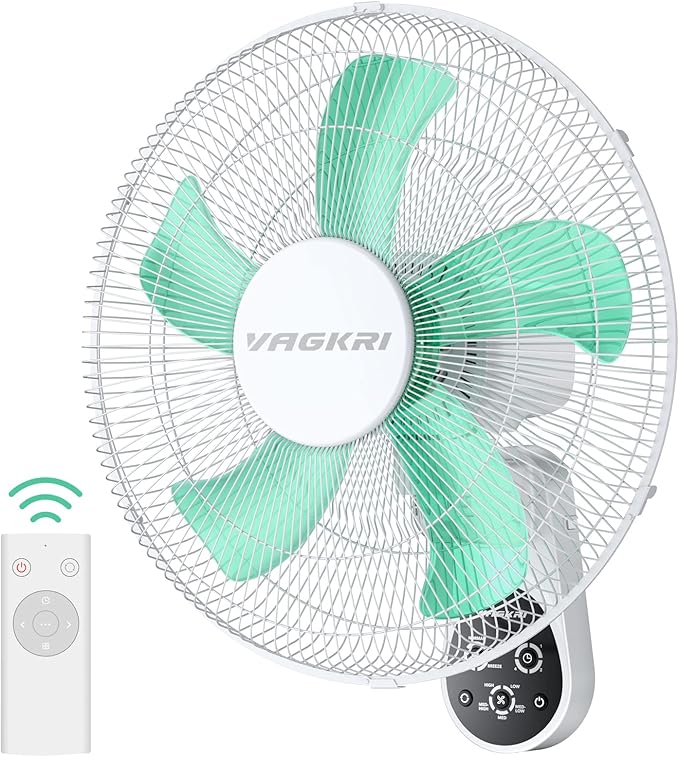 VAGKRI Wall Mount Fan, 16 Inch Wall Fans with 5 Blades, 5 Speeds, 8 Hour Timer, 90° Oscillating Quiet Fans with Remote for Home Office Bedroom Living Room Garage (White)