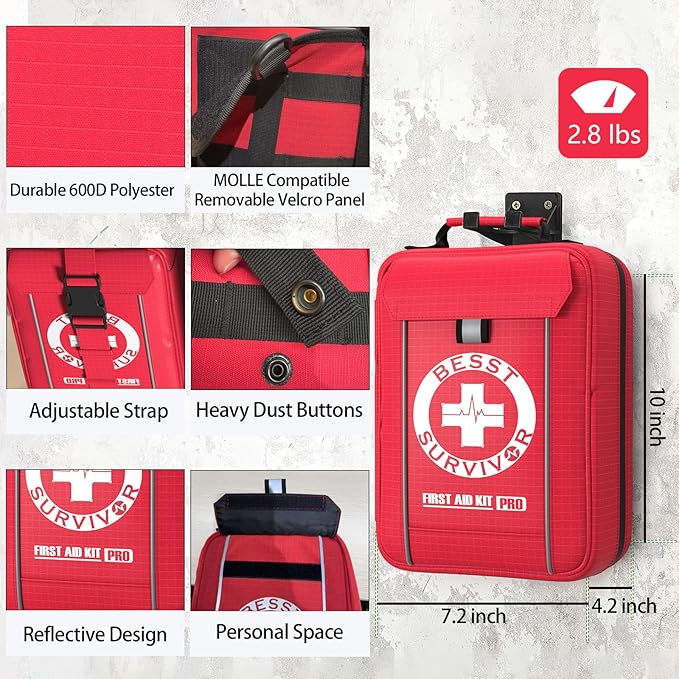 Besst Survivor Comprehensive First Aid Kit -Labeled Compartments for Trauma & Emergencies, Compact Emergency Kits for Car, Boats, Camping, Hurricanes and Outdoor Emergencies Survival -265 Piece