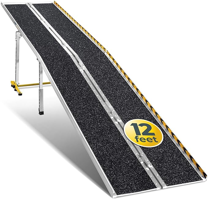 MAASTERS Wheelchair Ramp 12 Feet - Aluminum Long Portable Ramp - Loading Capacity 600 lbs - Portable 12 Foot Wheelchair Ramp with 2 Extra Support Leg