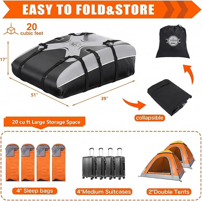 Sailnovo Rooftop Cargo Carrier Car Roof Bag 21 Cubic,Waterproof Cargo Roof Bag for Most Vehicles with/Without Roof Rack with Strap, Anti-Slip Mat,6 Door Hooks(Classic Gray-Black)