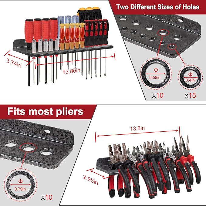 AHOWPD Screwdriver Organizer, Metal Plier Organizer Hammer Rack Screwdriver Holder Hand Tool Organizer and Storage Rack Wall Mount for Garage Workshop Workbench - 4 Pack