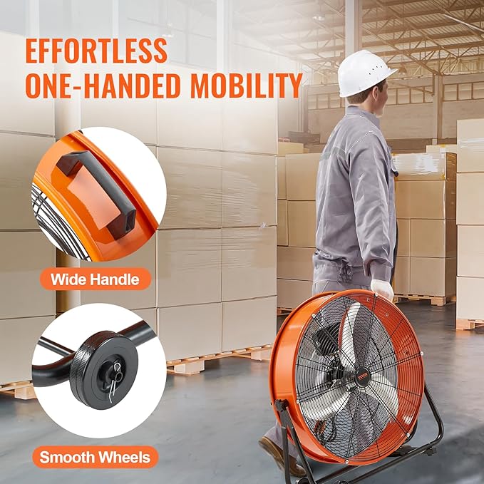 VEVOR 24" Industrial Drum Fan, 8900 CFM High Velocity Shop Fan with Stepless Speed Control, 360° Adjustable Tilt, Heavy Duty Floor Fan for Warehouse, Workshop, Commercial Use, 5ft Cord