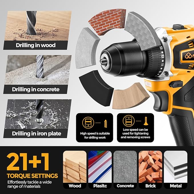20V Yellow Brushless Cordless Drill Set (2-Piece) - Compact Power Drill Driver with 2.0Ah Battery, Power Drill Set with Battery and Charger & 3/8" Keyless Chuck，Yellow
