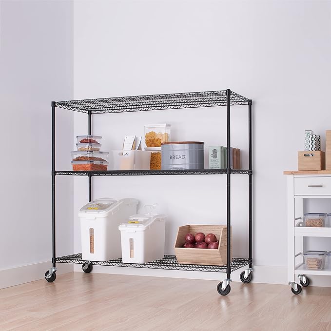 Trinity Basics 3-Tier Adjustable Wire Shelving with Wheels for Kitchen Organization, Garage Storage, Laundry Room, NSF Certified, 600 to 1350 Pound Capacity, 60” by 24” by 54”, Black