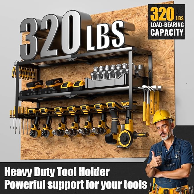 MOOMSINE Power Tool Organizer Wall Mount, Heavy Duty Metal Tool Storage Rack Loads 320lbs, 8 Cordless Drill Holder 3 Layer for Garage, Workshop, Tool Room, Gift for Men