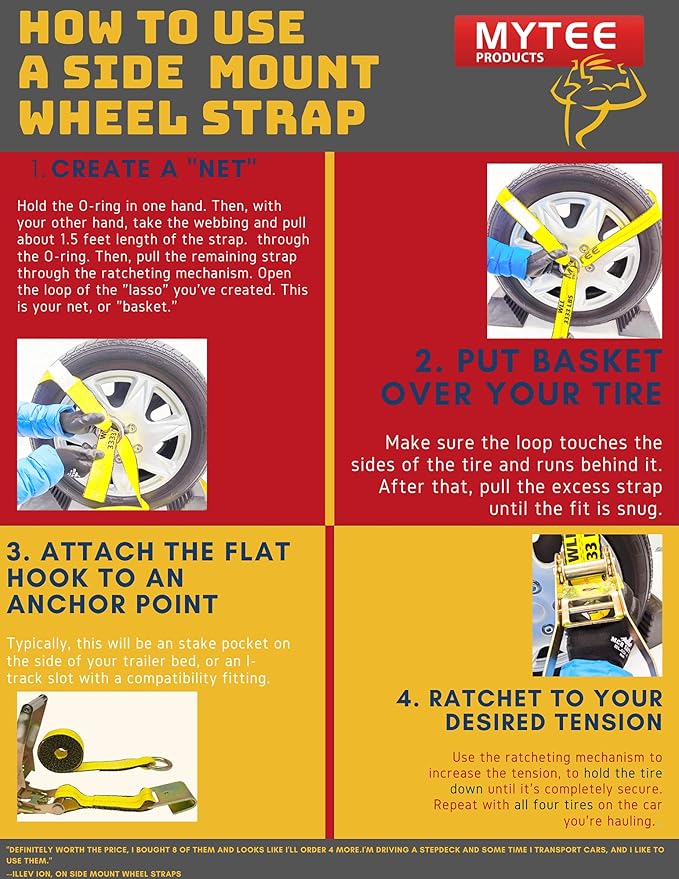 Mytee Products (4 Pack) 2" x10' Lasso Ratchet Strap with J Finger Hook Wheel Net Auto Tow Towing Car Hauler Tie Down
