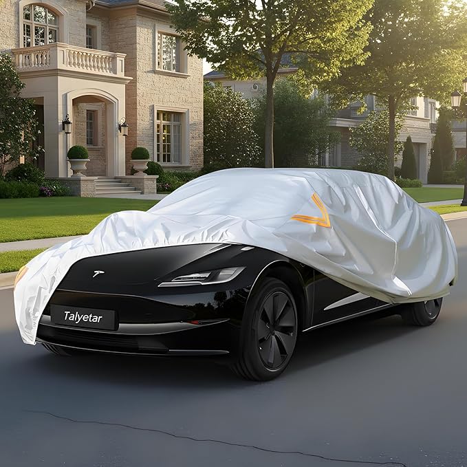 Car Cover Waterproof All Weather fit for Tesla Model 3,Heavy Duty Outdoor Cover with Driver Side Zipper & 3 Windproof Straps – Sun,Rain,Snow,Frost,Dust Resistant