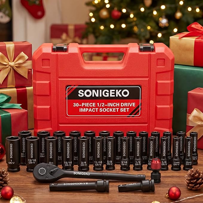 30-Piece 1/2" Drive Impact Socket Set - 6 Point Deep SAE & Metric CR-V Steel Sockets with 3", 5"Extension Bar,Ratchet Wrench,and Bit Adapter(1/2" 30 PCS Socket Set,Metric and SAE)