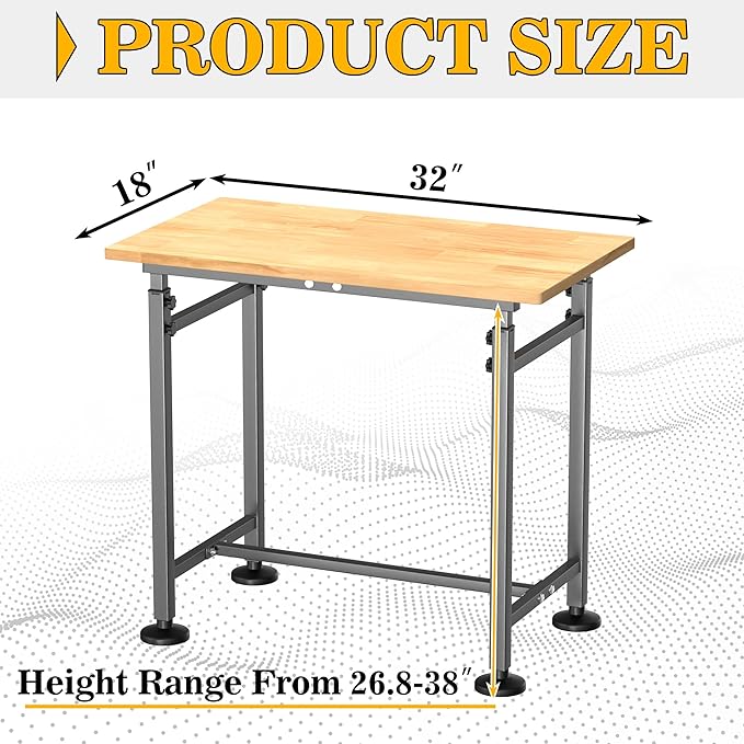 Ultrawall Workbench for Garage, 32"x18" Adjustable Height Work Table, Heavy Duty Rubber Wood Workstation for Workshop, Office, Home