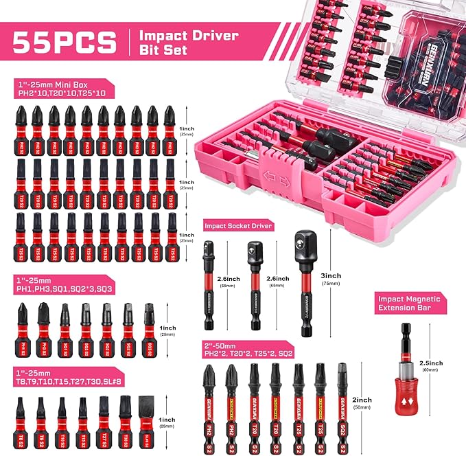 Geinxurn 55Pieces Impact Screwdriver Bits Set, Magnetic S2 Steel Phillips/Slotted/Square/Torx Insert Power Bits Tips, Impact Bit Holder and Impact Socket Adapter with Pink Storage Box Case