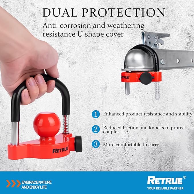 RETRUE Universal Trailer Ball Lock Hitch Coupler Locks Fits 1-7/8 Inch, 2 Inch, 2-5/16 Inch Couplers Adjustable Security with Weatherproof Cover and Cap, Red