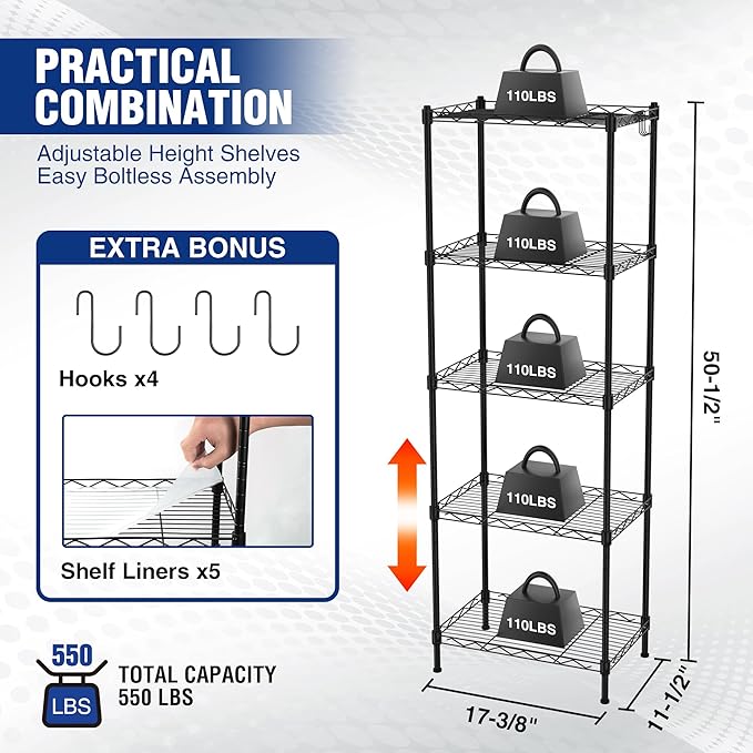 WORKPRO Storage Shelves, 5-Tier Metal Shelving, Garage Wire Rack, 17-3/8"W x 11-1/2"D x 51-1/2"H, 550 LBS Load Capacity, Standing Food Shelving Unit, Adjustable Shelf for Kitchen Pantry Closet Garage