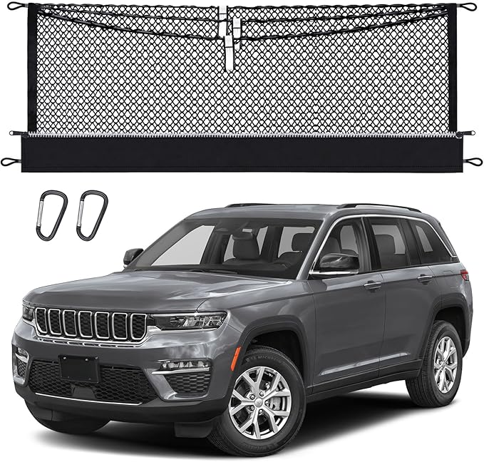 3-Layer Cargo Net for Jeep Grand Cherokee (2Row) 2022-2026, Zipper Bag Trunk Net for SUV, Heavy Duty Oxford Cargo Organizer Storage Nets with Carabiners