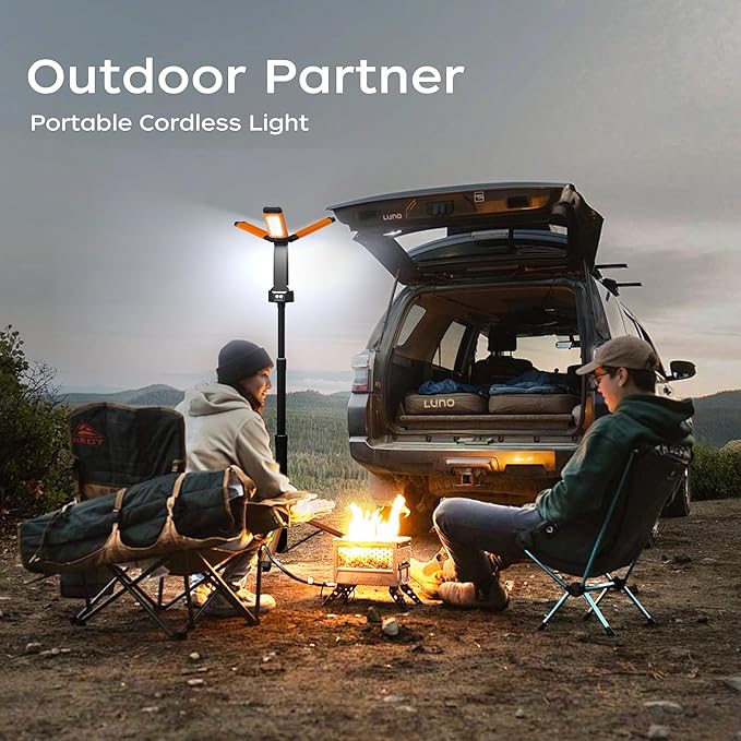 Rechargeable LED Work Light with Stand, 67" Tall Portable Cordless Work Light, 8AH Battery, 500/1500/2500 Lumen, 4000/6500K Dimmable Camping Light with Detachable Tripod Orange (Carrying Bag Included)