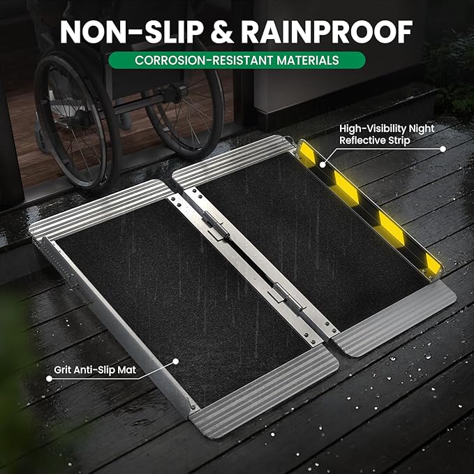 2 Feet Portable Wheelchair Ramp, 600 LBS Capacity Folding Aluminum Threshold Ramp with Anti-Slip Surface, Mobility Access Handicap Ramp for Home Steps, Doorway, Stairs, Doorways, Scooter