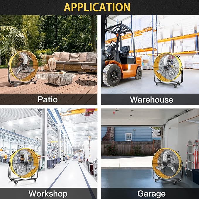 Heavy Duty Metal Industrial Drum Fan, 3 Speed Floor Fan for Warehouse, Workshop, Factory and Basement - High Velocity, Yellow, 24 Inch