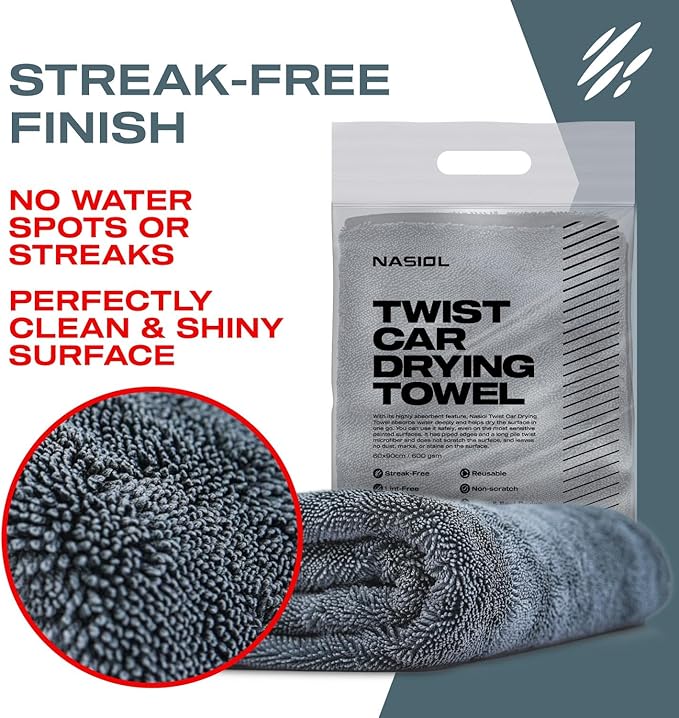 Nasiol Twist Car Drying Towel, Highly Absorbent Quick Dry, Soft Banded Edges - Scratch Free - Double Sided - Safe for Car Paint Microfiber Evo Detailing Towel (35 x 23 inch)