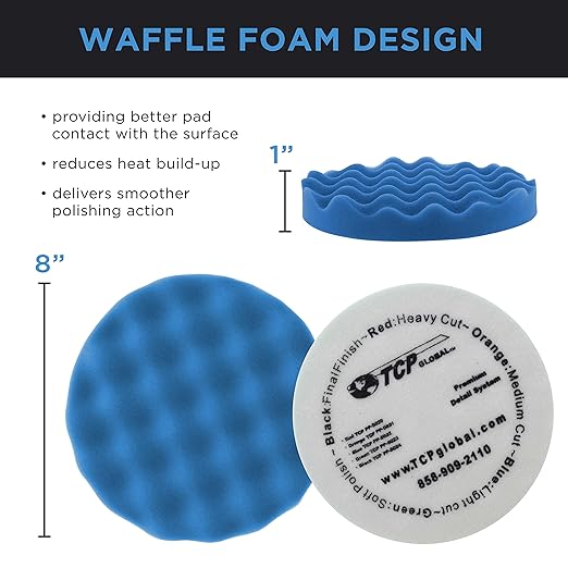 TCP Global Professional 3 Pad Buffing and Polishing Kit with 8 Inch Waffle Foam Pads for Car Detailing - Complete Polisher Buffing Pad Set with 5/8" Threaded Backing Plate