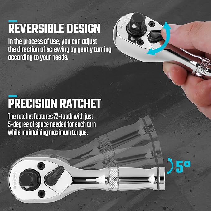 DURATECH Stubby Ratchet Set, 3-IN-1 Ratchet Handle, with 2 Extension Bars, 1/4", 3/8", 1/2" Drive Ratchet Wrench, 72-Tooth, Reversible Switch, Full-Polished Chrome Plating, Alloy Steel