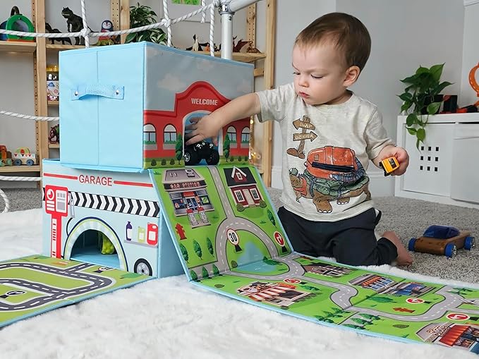 SAM AND MABEL Toy Cars Garage Box – Toy Storage Box with Car Rug Play Mat, Collapsible Storage Organizer for Boys and Girls (GoPlaces)