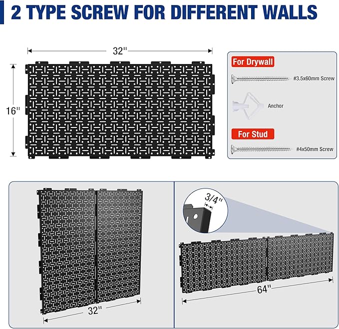 WORKPRO Metal Pegboard 16”x 32” Steel Panel with Round Holes & Vertical Slots 3-Pack, Black Heavy Duty Garage Peg Board Wall Pegboard for Wood Working Work Shop, Craft Room Organization
