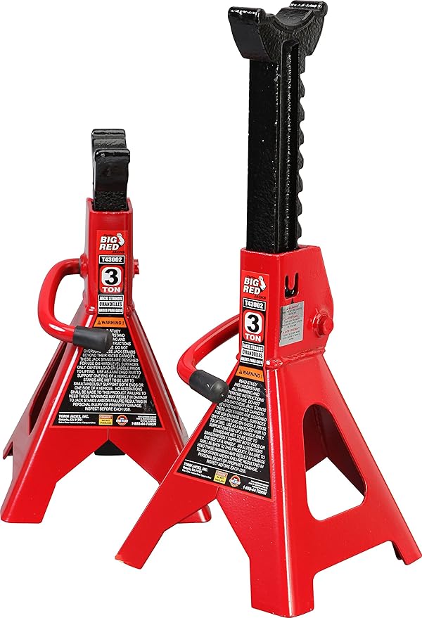 BIG RED T91003B Torin Hydraulic Welded Bottle Jack, 10 Ton (20,000 lb) Capacity, Red & T43202 Torin Steel Jack Stands: 3 Ton (6,000 lb) Capacity, Red, 2 Count (Pack of 1)