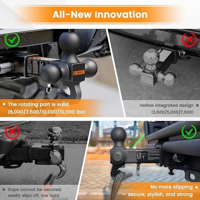 ORCISH 360° Swivel Trailer Hitch, Tri-Ball Mount with Heavy Duty Hook & Anti-Theft Lock, Matte Black Plated Trailer Ball Size 1-7/8", 2" and 2-5/16", Fit 2 Inch Hitch Receiver, Rotating Tow Hitch