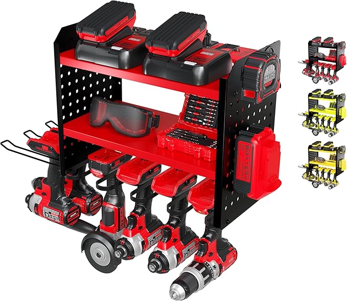 BUILTSTRONG Power Tool Organizer-6 Drill Holder Wall Mount, 3 Tier Heavy-Duty Hand Tool Storage Rack, Utility Racks, Drill Holder, 2 Pegboard Sides - Garage Storage Cordless Tool Organizer (Red)
