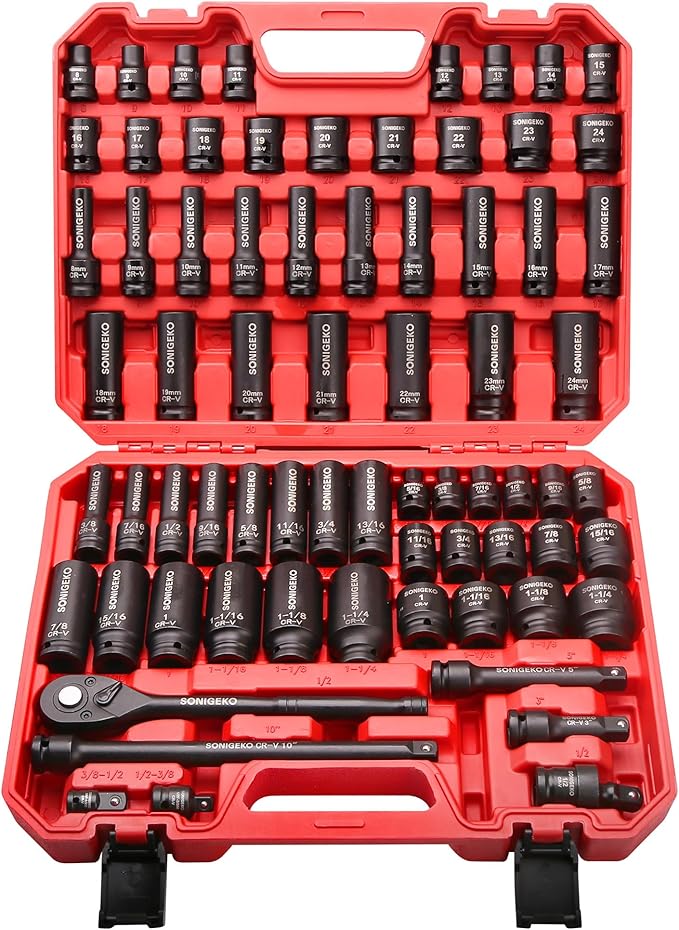 1/2" Drive Impact Socket Set,70-Piece 6 Point Deep, Standard SAE and Metric CR-V Steel Sockets with Drive Ratchet Handle (1/2" 70 PCS Socket Set,Metric and SAE)