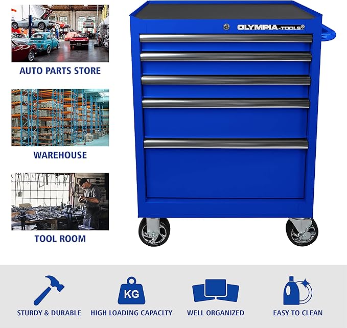 Olympia Tools 5-Drawer Tool Chest, 27-Inch Rolling Metal Tool Storage Cabinet with Casters, Locking System, Drawer Liner, 600 lbs Load Capacity, Blue