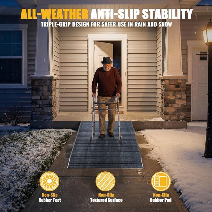 Aluminum Threshold Ramp for Doorways, Adjustable 3.34" to 6.3" Rise, 48" Portable Wheelchair Walker Ramp for Home with Adjustable Leveling Feet and Non-Slip Door Mat, for Steps, Curbs and Entryways