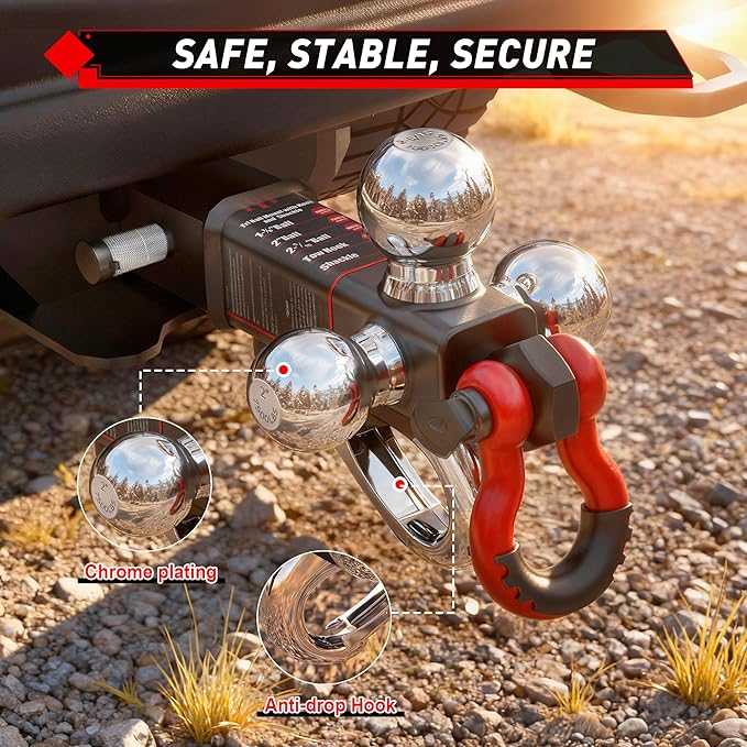 TYT Tri-Ball Mount Trailer Hitch ，Fits 2 inch Receiver, 1-7/8" & 2" &2-5/16" Ball with Tow Hook & Rotatable Shackle,10,000lbs GTW,1,000 lbs TW, Includes Hitch Pin Lock