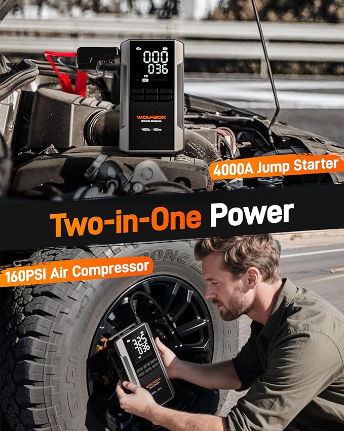 WOLFBOX 4000A Jump Starter with 160PSI Air Compressor, 12V Car Battery Booster, 88.8Wh Portable Jump Box (10.0 Gas/10.0L Diesel) with 65W Fast Charging, Tire Inflator, Jumper Cables, and LED Light