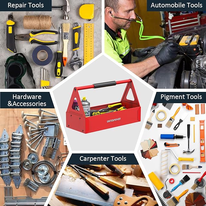 UNITEDPOWER Handy Tool Box, Portable Metal Tote Tray with comfortable grip handle, Tool Organization for Household, Warehouse, Repair Shop, Red