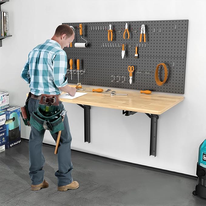 Ultrawall Wall Mounted Folding Workbench, Heavy Duty Foldable Work Table, Collapsible Desk for Workshop, Garage, Office, Home, Holds Up to 550LBS, 32”X18”