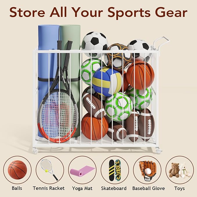Homsorout Ball Storage Bin Rolling Sports Ball Cart, Metal Garage Organizer Sport Rack, Ball Basket Storage, Ball Cage for Garage or Gym, Indoor & Outdoor Sports Equipment Organizer