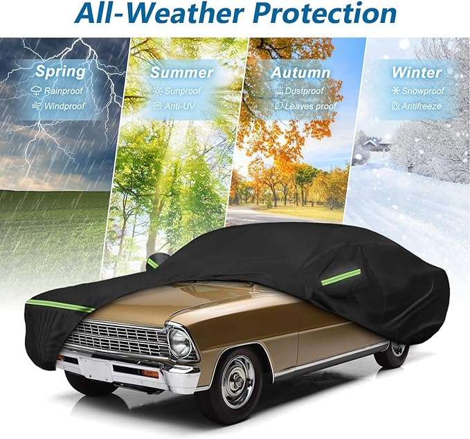 Waterproof Car Covers for Chevrolet II Nova/Nova SS 350/350 SC Sedan/Coupe 1962-1974,420D Oxford Cloth Sun Heat Protection Outdoor Full Covers with Driver Side Zipper Windproof Heavy Duty All Weather