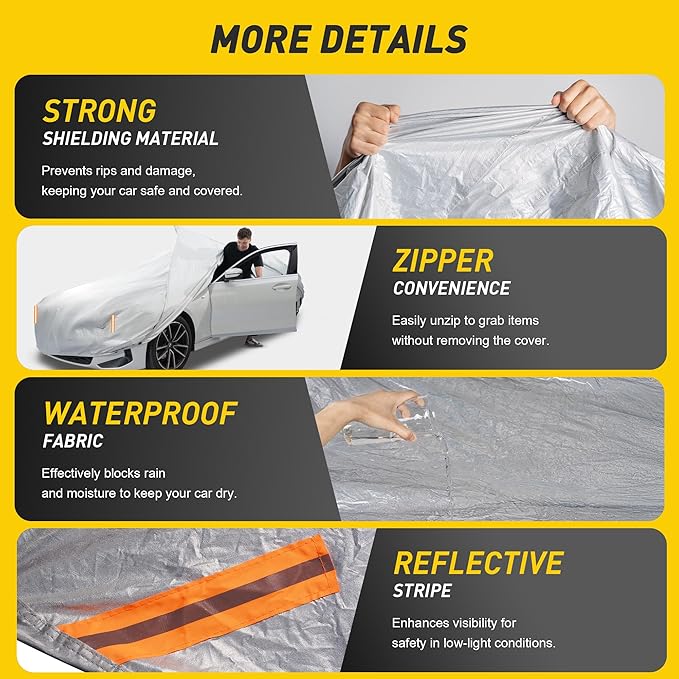 Caromop 10-Layer Waterproof Car Cover All Weather Protection (Snow, Rain, Sun) with Secure Fit Straps and Easy On/Off Zipper-Size C5 (See Size-Chart)
